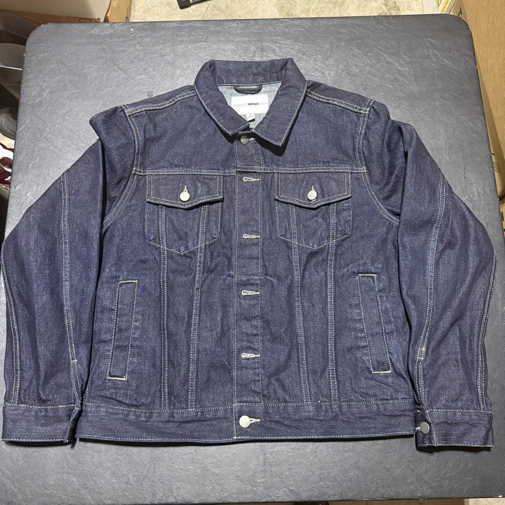 FASHION NOVA MEN NAVY BLUE DENIM JACKET SIZE MEDIUM UNLINED‎ POCKETS